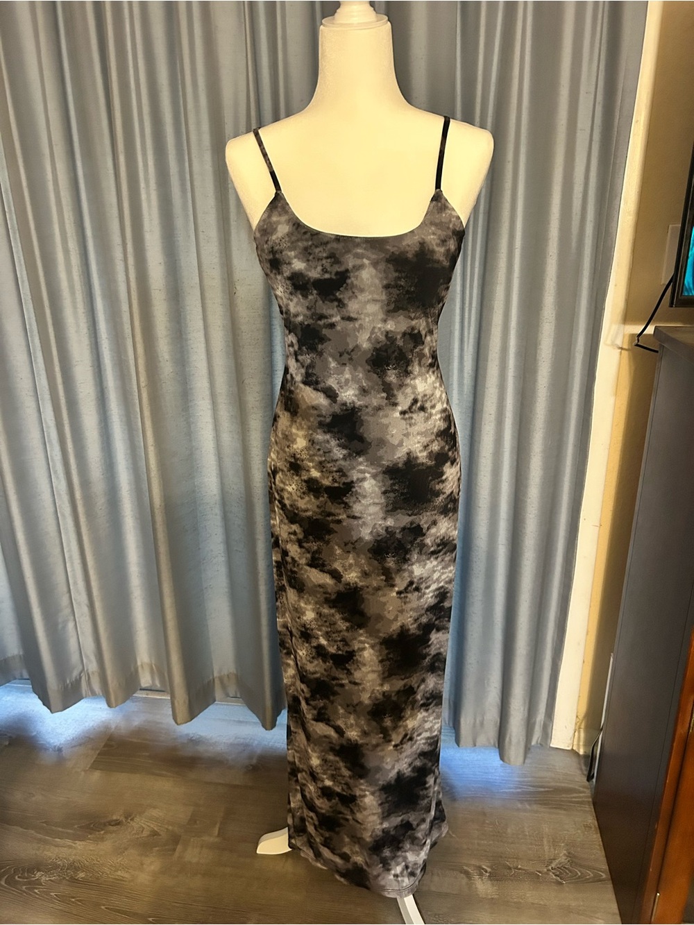 Women's Black & Gray Tie-Dye Slip Dress with Spaghetti Straps